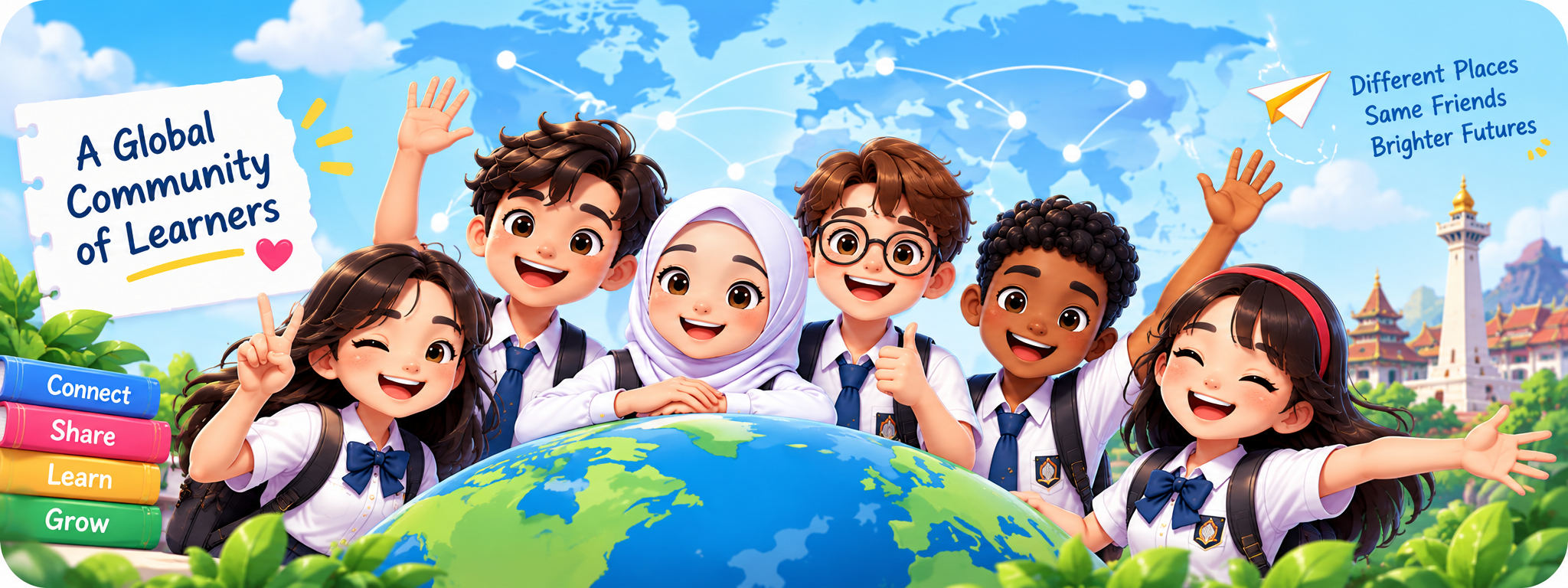 A Global Community of Learners: six ENGLISH YO! student mascots from around the world, embracing a globe. Different Places, Same Friends, Brighter Futures. Connect. Share. Learn. Grow.