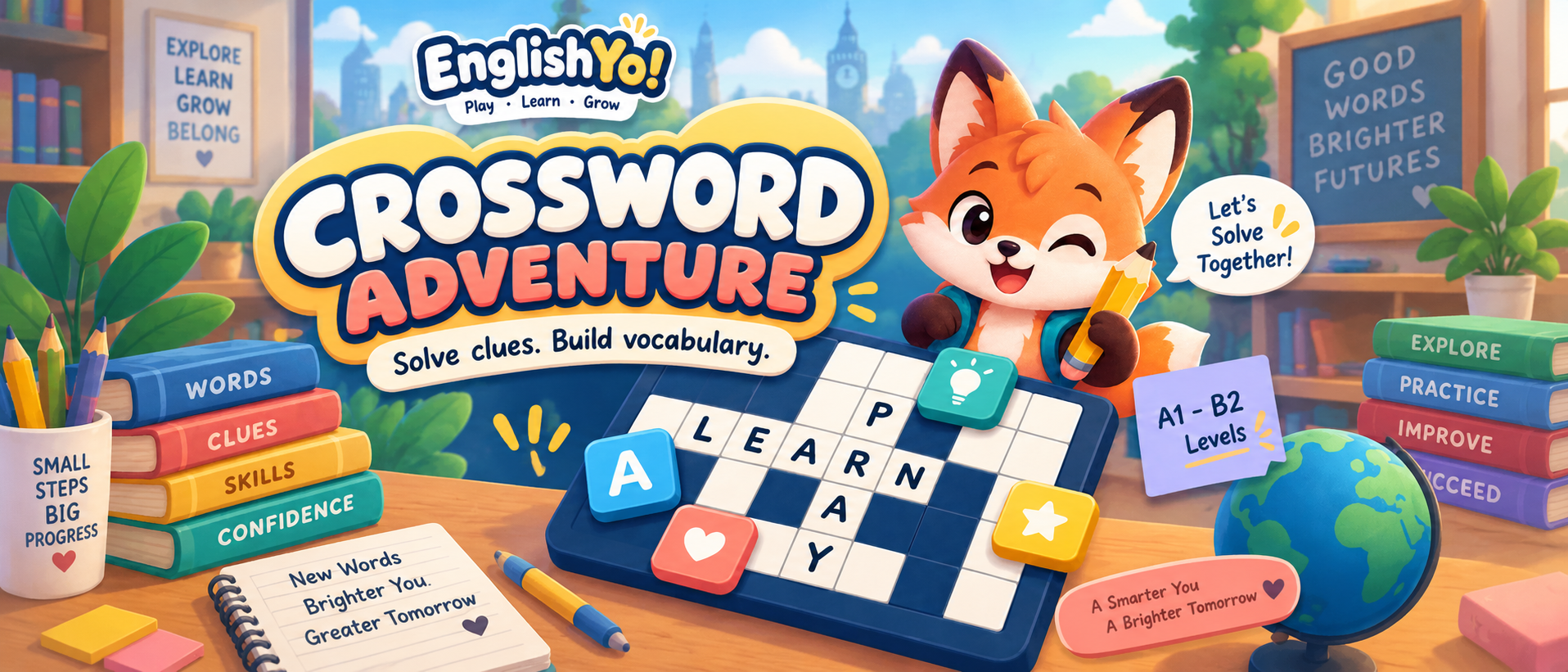 Crossword Adventure — Kobo the fox and Rex the panda beside a crossword grid spelling ENGLISH, LEARN and PLAY