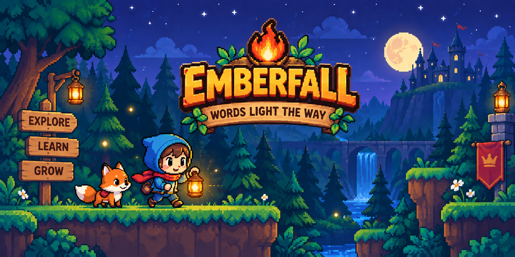 Emberfall — Kip the lantern sprite stands beside a glowing beacon in the Mosswood Trail