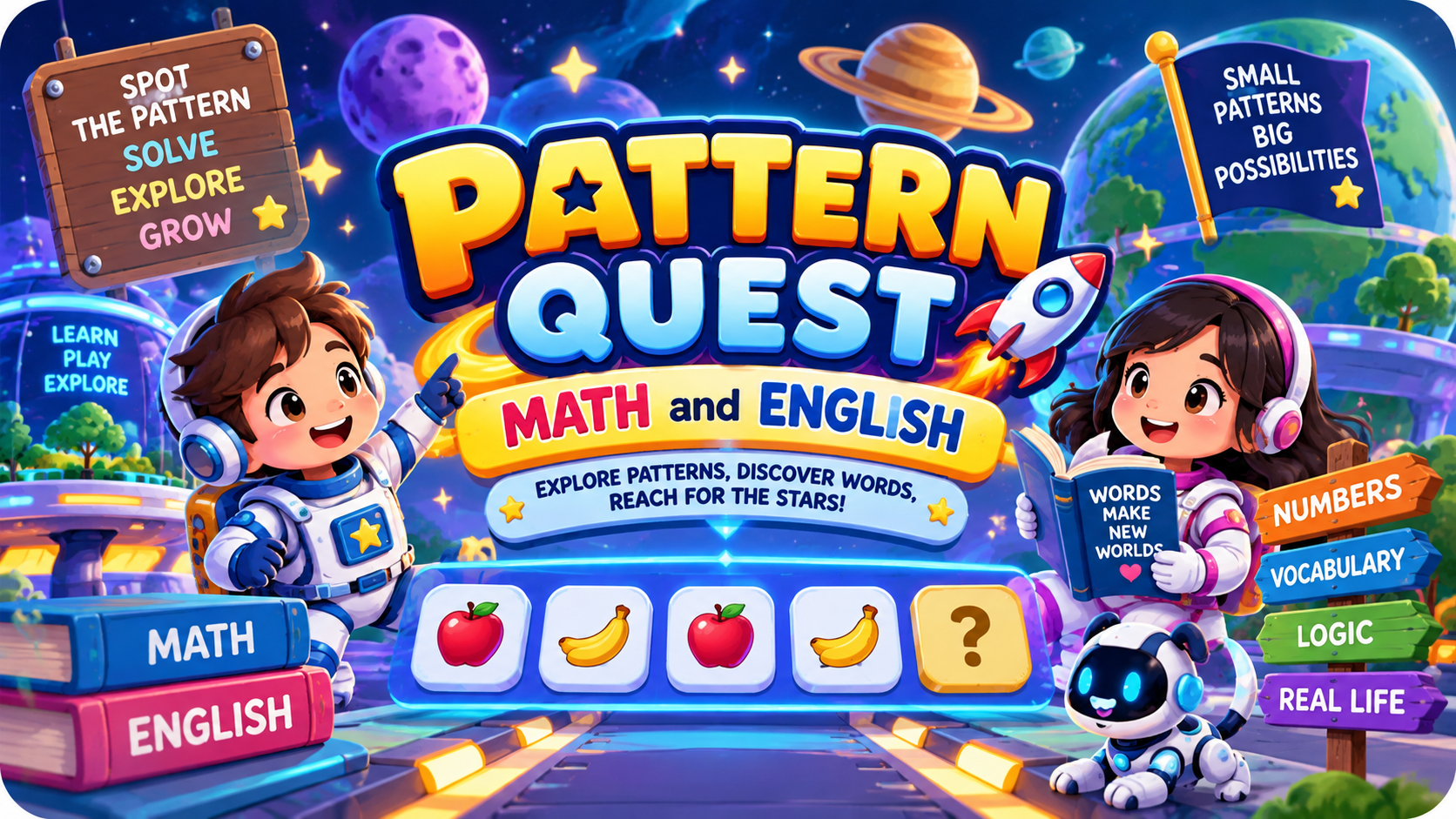Pattern Quest — Nova, Luna, Zee and Mira beside a picture pattern of apple, banana, apple, banana and a question mark