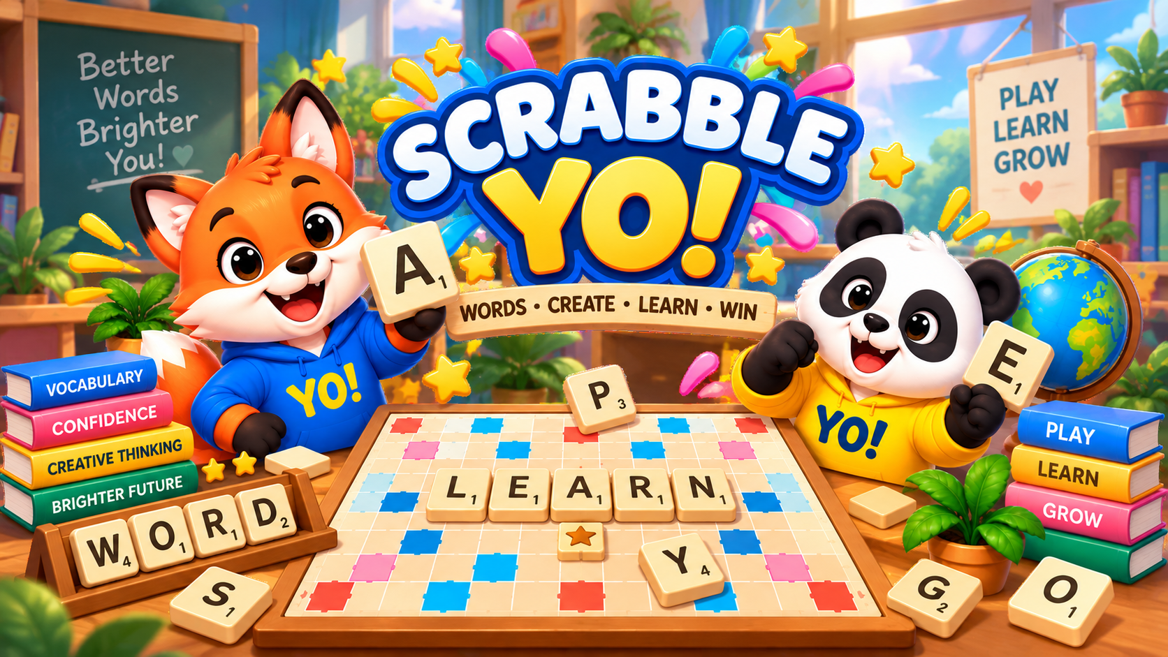 Scrabble YO! — Kobo the fox and Rex the panda beside the SCRABBLE YO! logo
