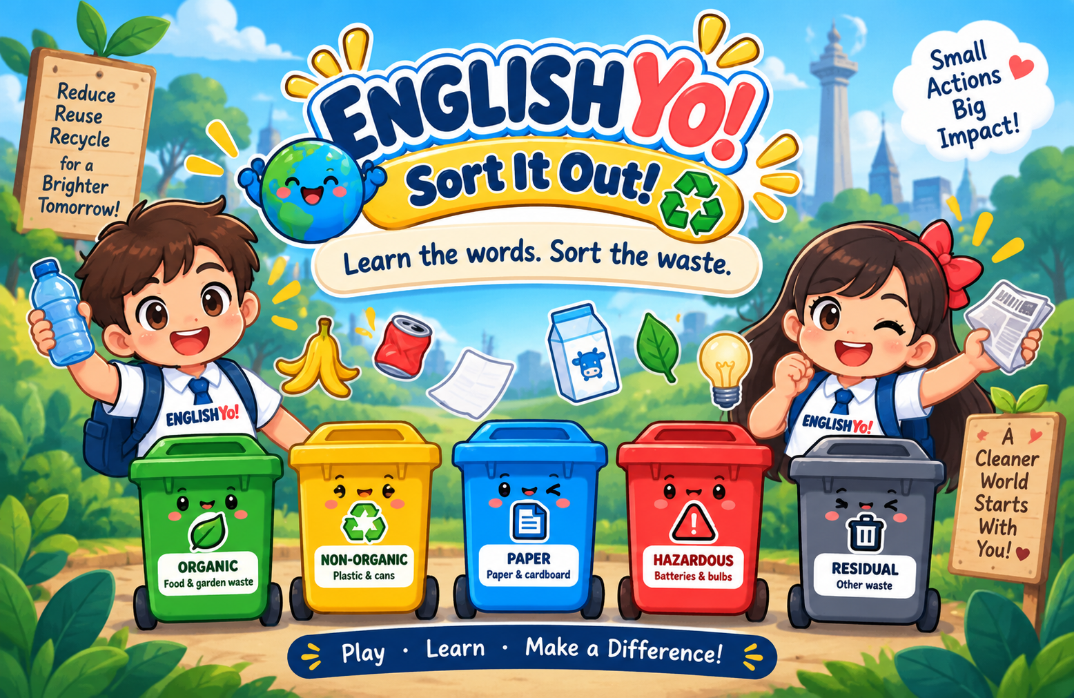 Sort It Out! — two ENGLISH YO! students beside the five waste bins: organic, non-organic, paper, hazardous and residual