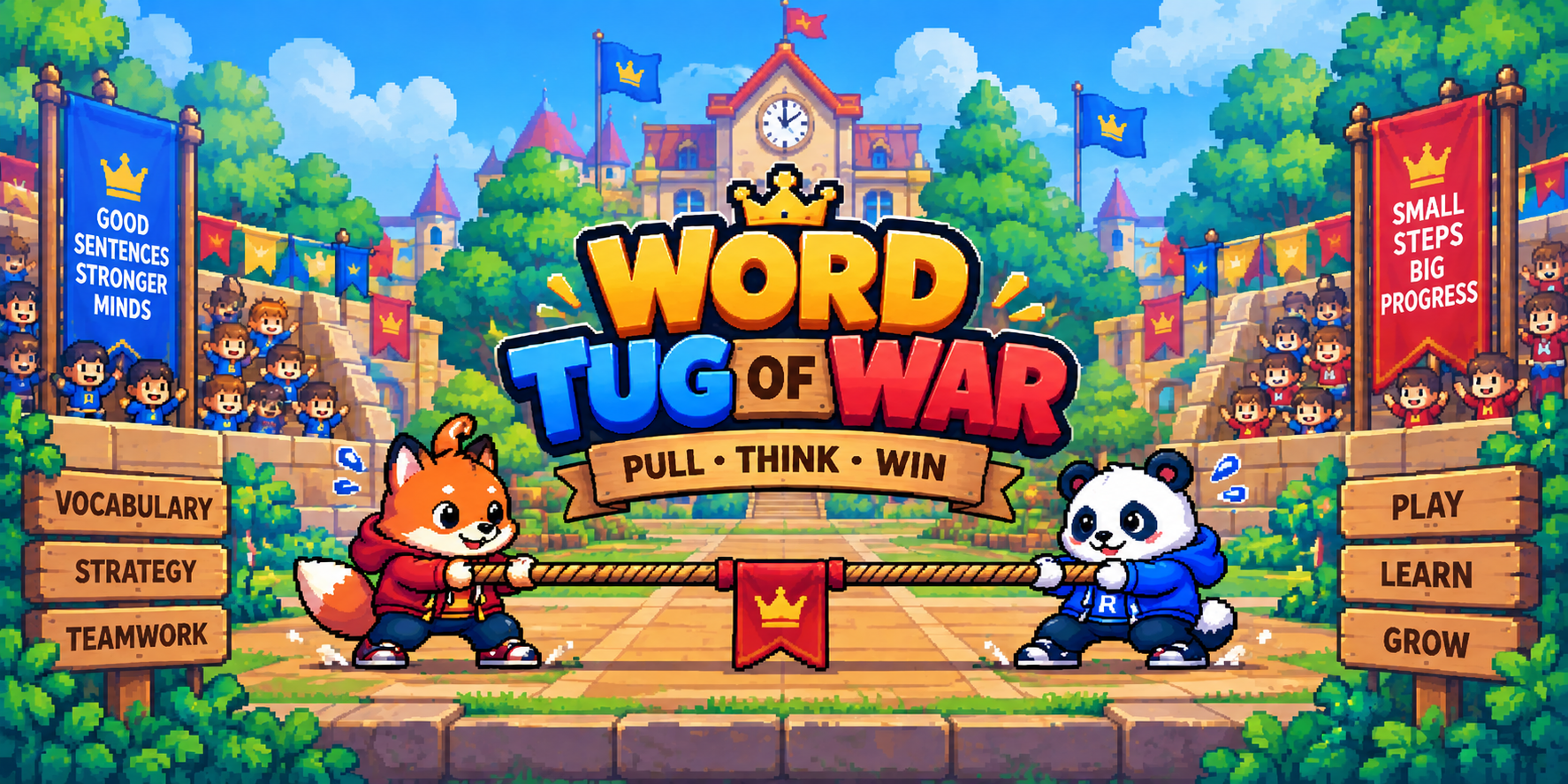 Word Tug of War — Kobo the fox and Rex the panda pulling the rope in the ENGLISH YO! arena